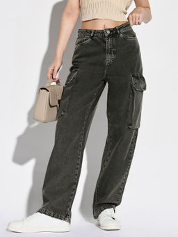 SHOWOFF - Women Olive Wide Leg Denim Cargo Jeans