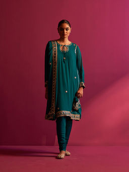 Shetab Kazmi - Teal Jhalak Full Sleeves Kurta with Churidar and Dupatta (Set of 3)