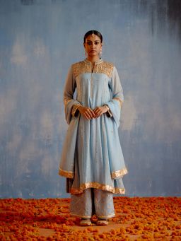 Shetab Kazmi - Blue Gullu Band Full Sleeves Anarkali with Palazzo and Dupatta (Set of 3)