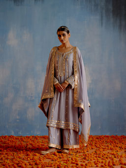 Shetab Kazmi - Grey Karan Phool Full Sleeves Kurta with Palazzo and Dupatta (Set of 3)