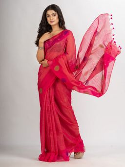 Angoshobha - Red Pink Handwoven Cotton Blend Jamdani Handloom Saree with Unstitched Blouse