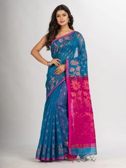 Angoshobha - Sky Blue Cotton Blend Handloom Tangail Saree with Unstitched Blouse