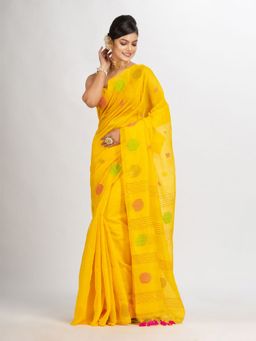 Angoshobha - Yellow Handwoven Cotton Blend Jamdani Handloom Saree with Unstitched Blouse