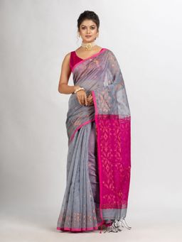 Angoshobha - Silver Grey Cotton Blend Handloom Tangail Saree with Unstitched Blouse