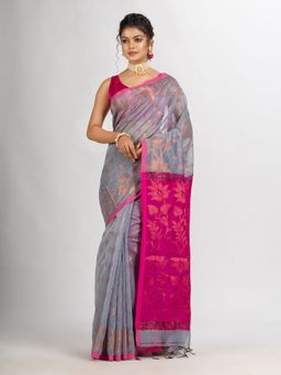 Angoshobha - Silver Grey Cotton Blend Handloom Tangail Saree with Unstitched Blouse