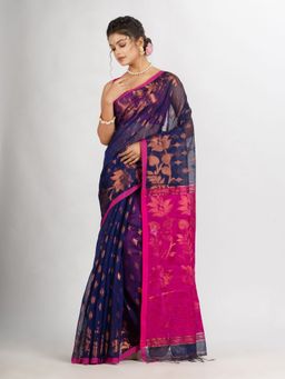 Angoshobha - Navy Blue Cotton Blend Handloom Tangail Saree with Unstitched Blouse