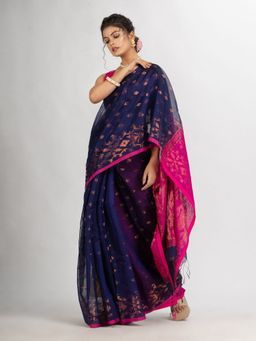 Angoshobha - Navy Blue Cotton Blend Handloom Tangail Saree with Unstitched Blouse