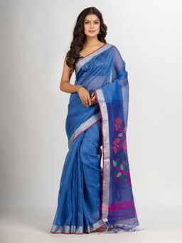 Angoshobha - Blue Handwoven Bumper Lien Jamdani Handloom Saree with Unstitched Blouse