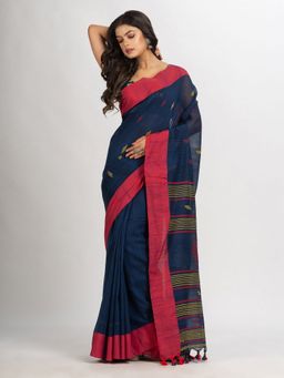 Angoshobha - Navy Blue Handwoven Cotton Jamdani Handloom Saree with Unstitched Blouse