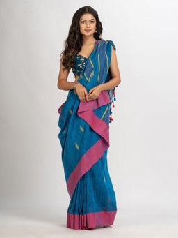 Angoshobha - Sky Blue Handwoven Cotton Jamdani Handloom Saree with Unstitched Blouse