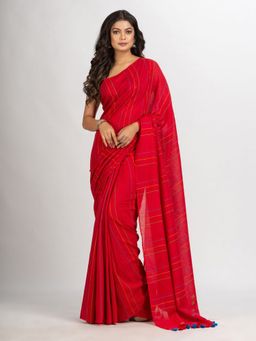 Angoshobha - Red Handwoven Cotton Jamdani Handloom Saree with Unstitched Blouse