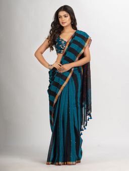 Angoshobha - Black Sky Blue Stipe Handwoven Cotton Jamdani Handloom Saree with Unstitched Blouse