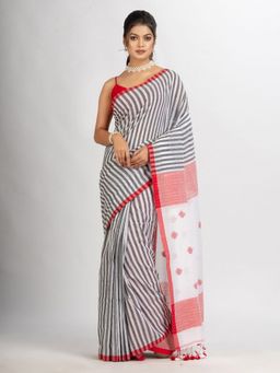 Angoshobha - Black White Stipe Handwoven Cotton Jamdani Handloom Saree with Unstitched Blouse