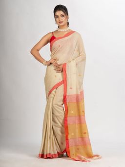 Angoshobha - Beige Handwoven Cotton Jamdani Handloom Saree with Unstitched Blouse