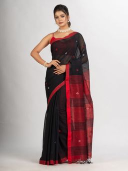 Angoshobha - Black Handwoven Cotton Jamdani Handloom Saree with Unstitched Blouse