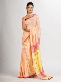 Angoshobha - Pink Yellow Stipe Handwoven Cotton Jamdani Handloom Saree with Unstitched Blouse