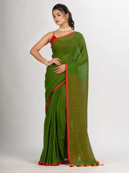 Angoshobha - Pista Green Handwoven Cotton Stipe Handloom Saree with Unstitched Blouse