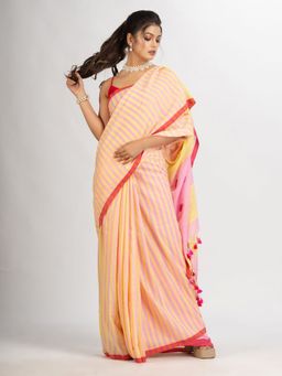 Angoshobha - Pink Yellow Stipe Handwoven Cotton Jamdani Handloom Saree with Unstitched Blouse