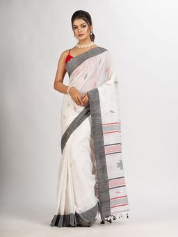 Angoshobha - White Handwoven Cotton Jamdani Handloom Saree with Unstitched Blouse