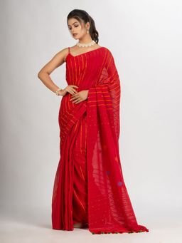 Angoshobha - Red Handwoven Cotton Jamdani Handloom Saree with Unstitched Blouse