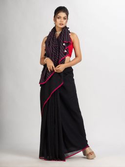 Angoshobha - Black Handwoven Cotton Stipe Handloom Saree with Unstitched Blouse