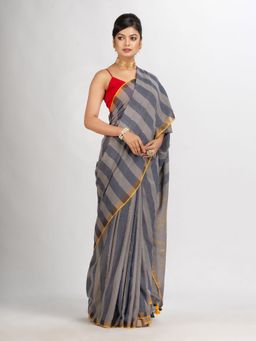 Angoshobha - Grey and Blue Stipe Handwoven Cotton Jamdani Handloom Saree with Unstitched Blouse
