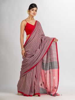 Angoshobha - Pink and Black Stipe Handwoven Cotton Jamdani Handloom Saree with Unstitched Blouse