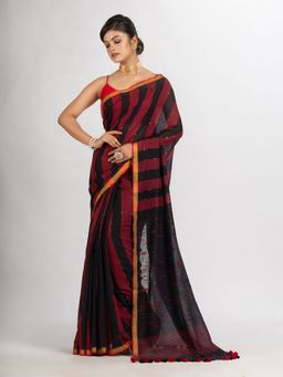 Angoshobha - Black and Red Stipe Handwoven Cotton Jamdani Handloom Saree with Unstitched Blouse