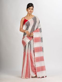 Angoshobha - White Black and Red Stipe Cotton Handloom Saree with Unstitched Blouse