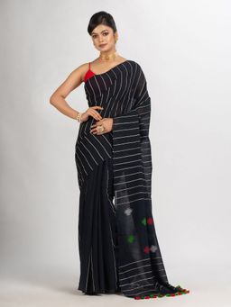 Angoshobha - Black Handwoven Cotton Jamdani Handloom Saree with Unstitched Blouse