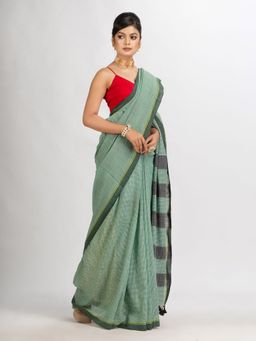 Angoshobha - Green and Black Cotton Check Handloom Saree with Unstitched Blouse