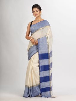 Angoshobha - White and Royal Blue Cotton Check Handloom Saree