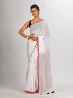 Angoshobha - White Handwoven Cotton Stipe Handloom Saree with Unstitched Blouse