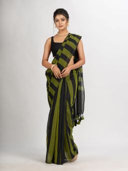 Angoshobha - Green and Black Stipe Handwoven Cotton Handloom Saree