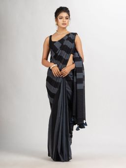 Angoshobha - Grey and Black Stipe Handwoven Cotton Handloom Saree