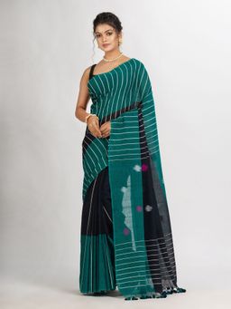 Angoshobha - Black and Green Handwoven Cotton Jamdani Handloom Saree with Unstitched Blouse