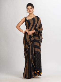 Angoshobha - Brown and Black Stipe Handwoven Cotton Handloom Saree