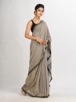 Angoshobha - Brown and Black Cotton Check Handloom Saree with Unstitched Blouse