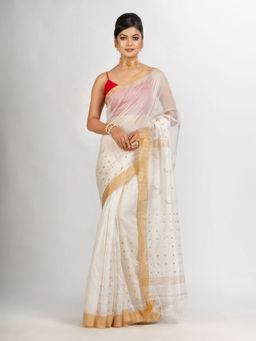 Angoshobha - White Silk Cotton Pocket Chumki Jamdani Handloom Saree with Unstitched Blouse