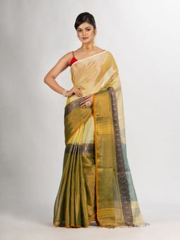 Angoshobha - Green Zari Cotton Tissue Madhu Mani Jacquard Handloom Saree with Unstitched Blouse