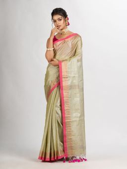 Angoshobha - Tasar Green Zari Cotton Tissue Jacquard Border Handloom Saree with Unstitched Blouse