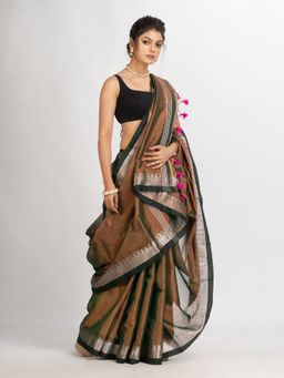 Angoshobha - Brown Cotton Tissue Jacquard Border Handloom Saree with Unstitched Blouse