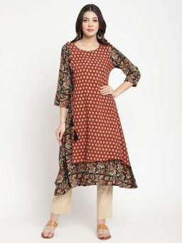 SAVI - Red Block Printed A Line Kurta