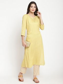 SAVI - Yellow Embroidered A Line Kurta
