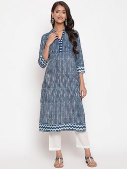 SAVI - Indigo Cotton Block Printed Straight Kurta