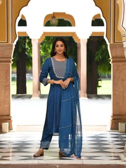 SAVI - Blue Embroidered Kurta Pants with Dupatta (Set of 3)