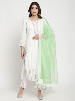 SAVI - White Embroidered Designer Kurta Pants with Dupatta (Set of 3)