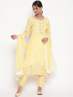 SAVI - Yellow Embroidered Kurta Pants with Dupatta (Set of 3)