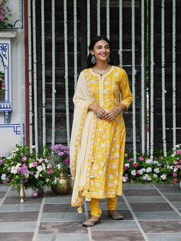 SAVI - Mustard Yellow Block Printed Cotton Anarkali (Set of 3)