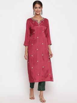 SAVI - Pink Embroidered Straight Kurta Pants (Set of 2)